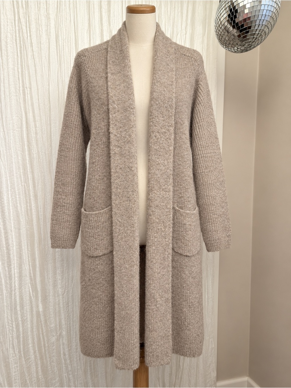 Ava & Viv Long Open-Front Shawl Collar Cardigan in Taupe